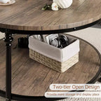 Table Basse Ronde, 87,6 cm/77,5 cm avec Étagère de Rangement à 2 Niveaux - Marron Grain de Bois Rustique, Cadre en Métal (Salon/Réception)