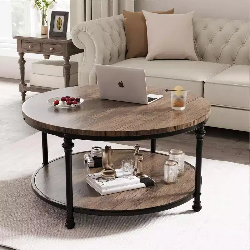 Table Basse Ronde, 87,6 cm/77,5 cm avec Étagère de Rangement à 2 Niveaux - Marron Grain de Bois Rustique, Cadre en Métal (Salon/Réception)