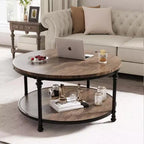Table Basse Ronde, 87,6 cm/77,5 cm avec Étagère de Rangement à 2 Niveaux - Marron Grain de Bois Rustique, Cadre en Métal (Salon/Réception)