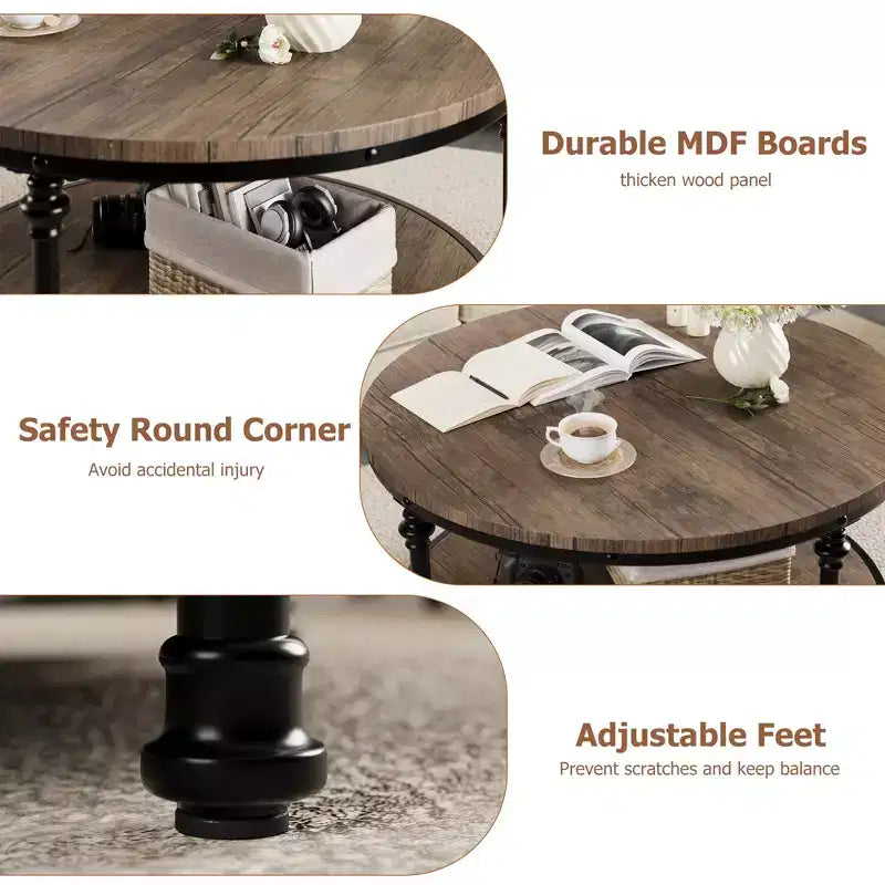 Table Basse Ronde, 87,6 cm/77,5 cm avec Étagère de Rangement à 2 Niveaux - Marron Grain de Bois Rustique, Cadre en Métal (Salon/Réception)