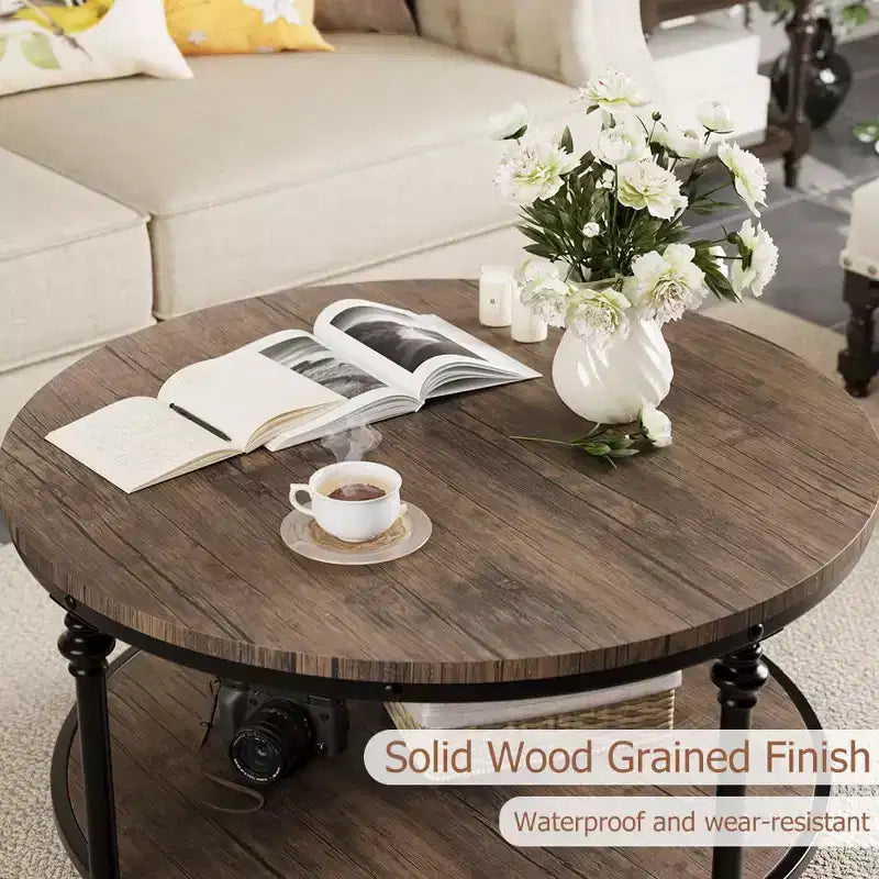 Table Basse Ronde, 87,6 cm/77,5 cm avec Étagère de Rangement à 2 Niveaux - Marron Grain de Bois Rustique, Cadre en Métal (Salon/Réception)