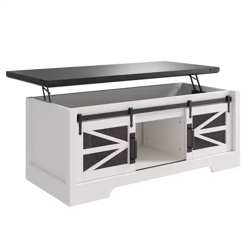 Coffee Table Lift Top with Storage, 47.2 Farmhouse Style with Sliding Barn Door & Hidden Compartment, 150LBS Capacity for Living Room Office