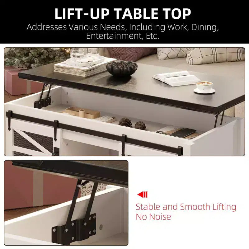 Table basse à plateau relevable avec rangement, style ferme de 120 cm avec porte coulissante de grange et compartiment caché, capacité de 68 kg pour salon et bureau