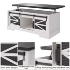 Table basse à plateau relevable avec rangement, style ferme de 120 cm avec porte coulissante de grange et compartiment caché, capacité de 68 kg pour salon et bureau