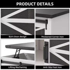 Table basse à plateau relevable avec rangement, style ferme de 120 cm avec porte coulissante de grange et compartiment caché, capacité de 68 kg pour salon et bureau