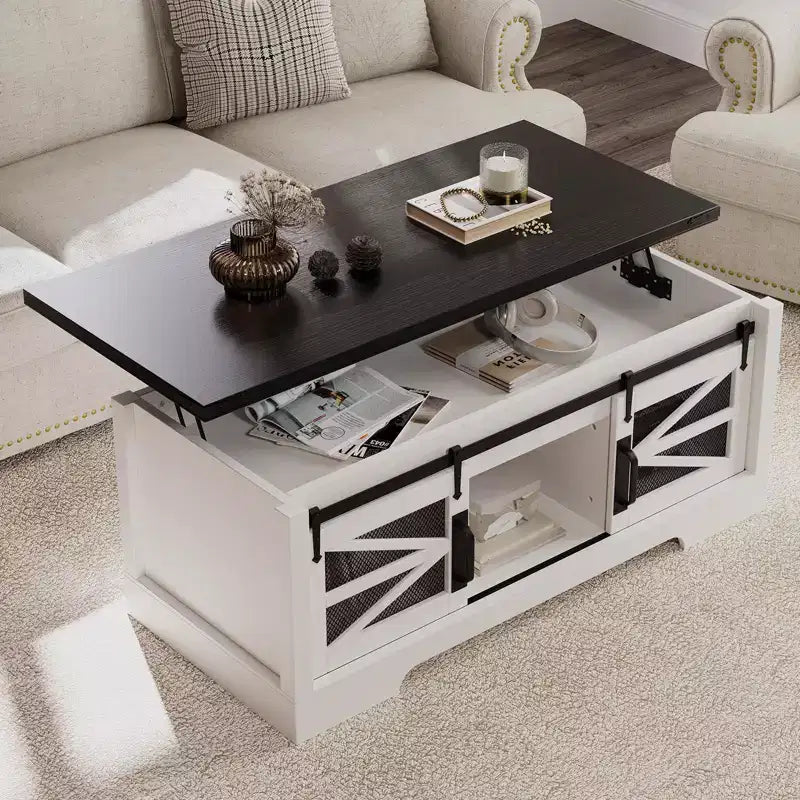 Table basse à plateau relevable avec rangement, style ferme de 120 cm avec porte coulissante de grange et compartiment caché, capacité de 68 kg pour salon et bureau