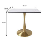 Table à manger carrée LeisureMod Bristol – Plateau en MDF blanc marbré avec base piédestal en acier doré, cuisine moderne, salle à manger, café, petit appartement