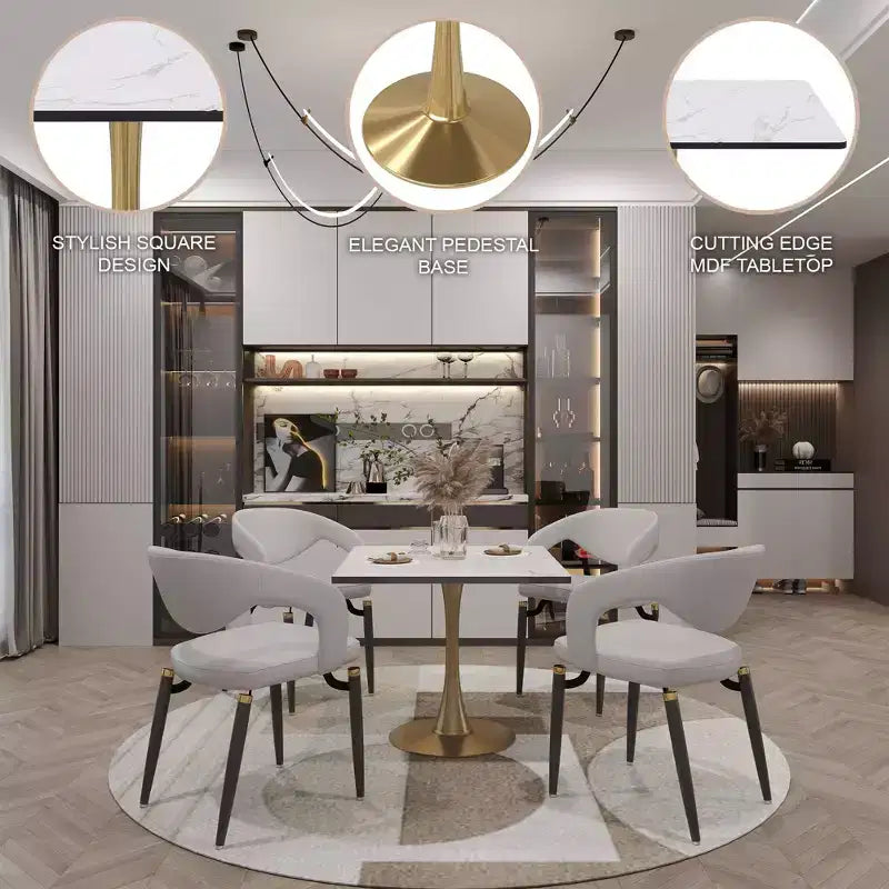 Table à manger carrée LeisureMod Bristol – Plateau en MDF blanc marbré avec base piédestal en acier doré, cuisine moderne, salle à manger, café, petit appartement