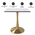 Table à manger carrée LeisureMod Bristol – Plateau en MDF blanc marbré avec base piédestal en acier doré, cuisine moderne, salle à manger, café, petit appartement