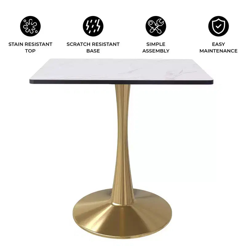 Table à manger carrée LeisureMod Bristol – Plateau en MDF blanc marbré avec base piédestal en acier doré, cuisine moderne, salle à manger, café, petit appartement