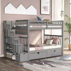 Lit superposé avec escalier double sur double pour enfants, cadre de lit superposé double avec 6 tiroirs de rangement et barrière de sécurité pour chambre à coucher ou dortoir