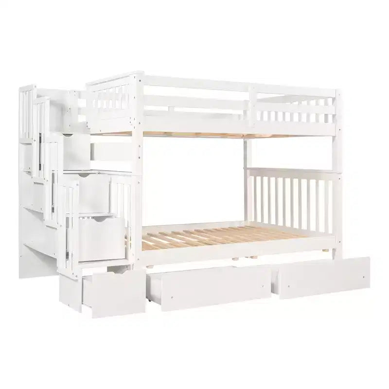 Lit superposé avec escalier double sur double pour enfants, cadre de lit superposé double avec 6 tiroirs de rangement et barrière de sécurité pour chambre à coucher ou dortoir