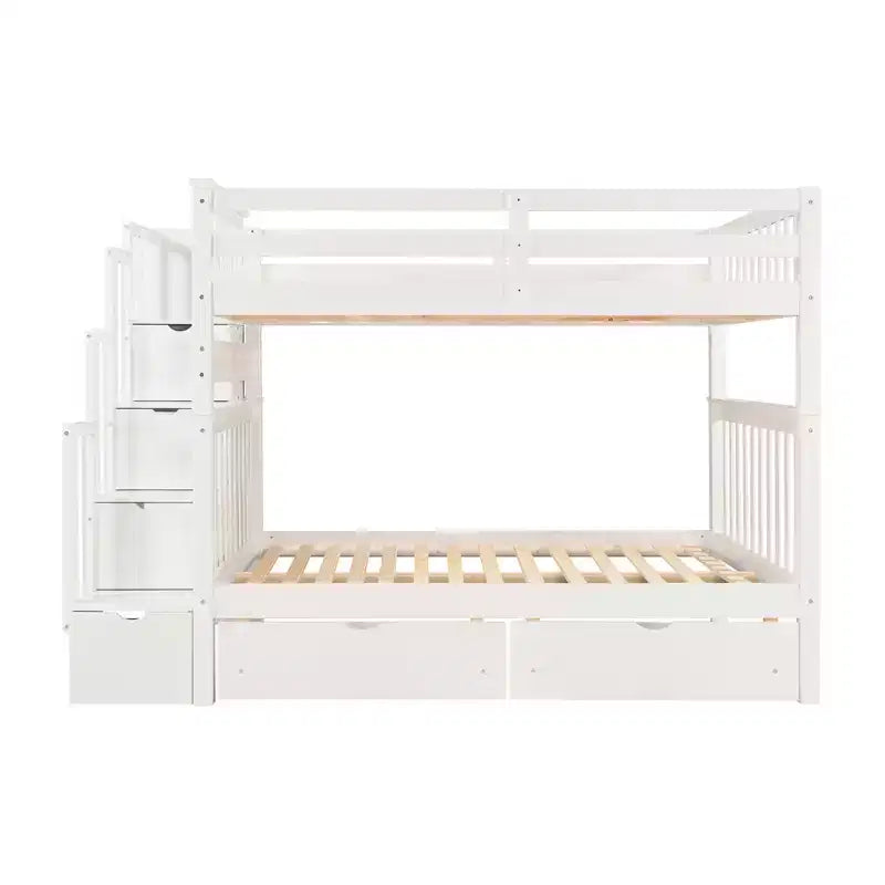 Lit superposé avec escalier double sur double pour enfants, cadre de lit superposé double avec 6 tiroirs de rangement et barrière de sécurité pour chambre à coucher ou dortoir