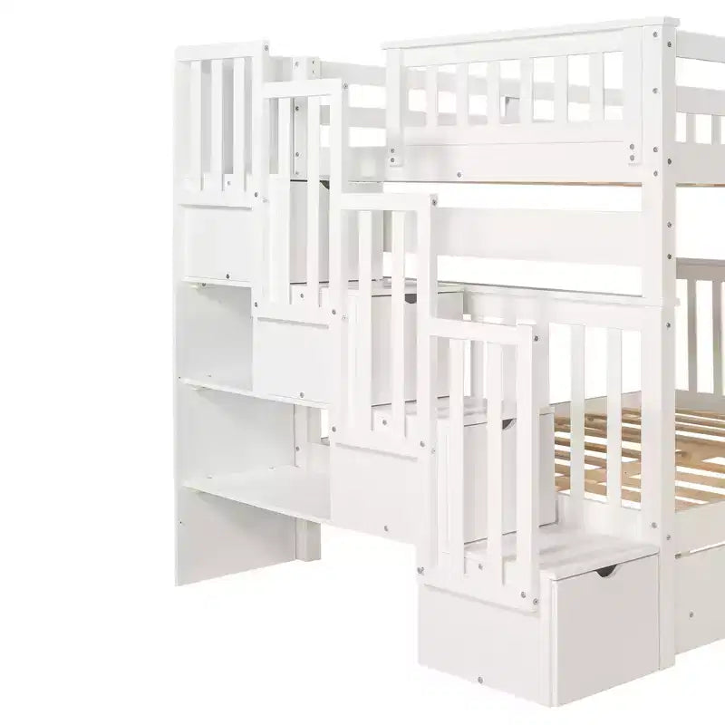 Lit superposé avec escalier double sur double pour enfants, cadre de lit superposé double avec 6 tiroirs de rangement et barrière de sécurité pour chambre à coucher ou dortoir