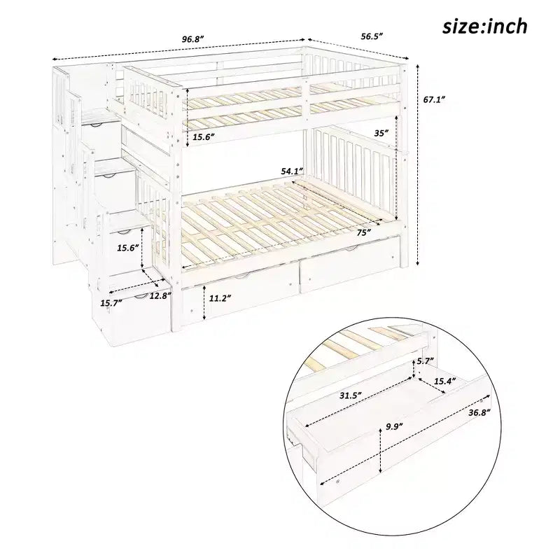 Lit superposé avec escalier double sur double pour enfants, cadre de lit superposé double avec 6 tiroirs de rangement et barrière de sécurité pour chambre à coucher ou dortoir