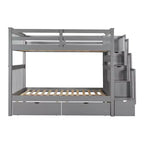 Lit superposé avec escalier double sur double pour enfants, cadre de lit superposé double avec 6 tiroirs de rangement et barrière de sécurité pour chambre à coucher ou dortoir