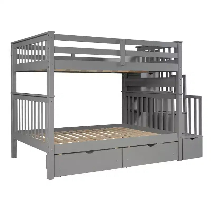 Lit superposé avec escalier double sur double pour enfants, cadre de lit superposé double avec 6 tiroirs de rangement et barrière de sécurité pour chambre à coucher ou dortoir