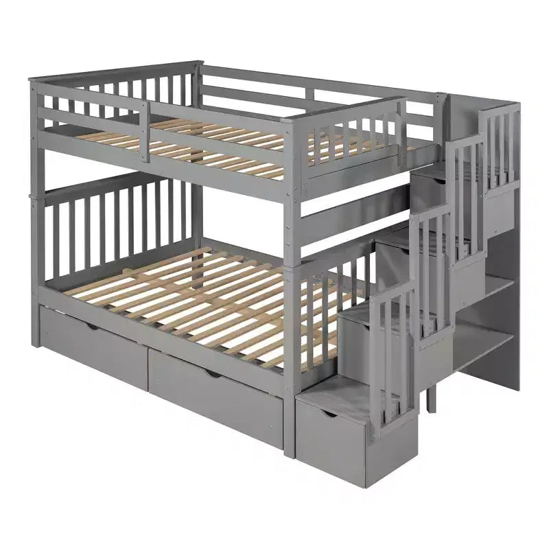 Lit superposé avec escalier double sur double pour enfants, cadre de lit superposé double avec 6 tiroirs de rangement et barrière de sécurité pour chambre à coucher ou dortoir