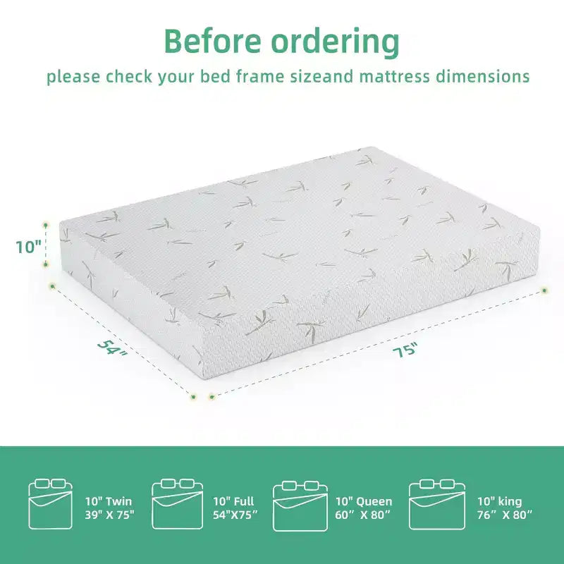 Matelas en mousse à mémoire de forme 8 à 10 pouces en boîte, mousse gel de fermeté moyenne avec housse en bambou rafraîchissante, sans fibre de verre, certifié CertiPUR-US