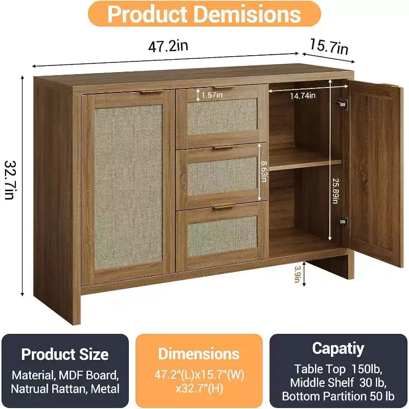 Meuble de rangement moderne en rotin COZONY, buffet 47" avec tiroirs et portes, organiseur de maison polyvalent, 3 pièces expédiées en 3 cartons