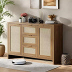 Meuble de rangement moderne en rotin COZONY, buffet 47" avec tiroirs et portes, organiseur de maison polyvalent, 3 pièces expédiées en 3 cartons