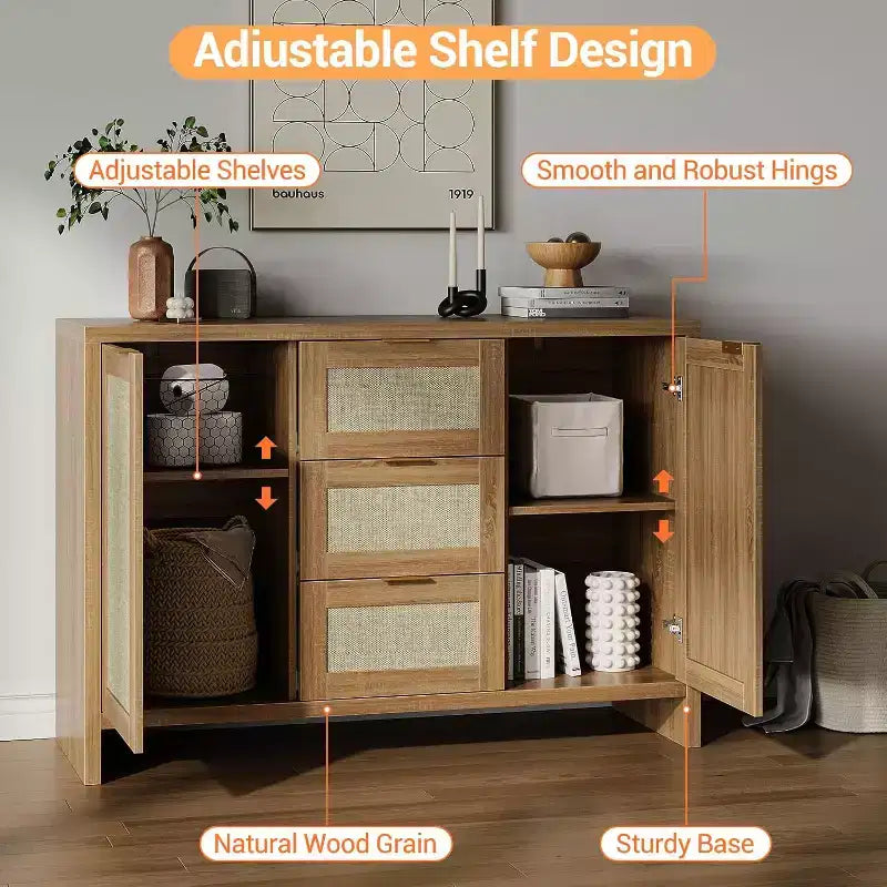 Meuble de rangement moderne en rotin COZONY, buffet 47" avec tiroirs et portes, organiseur de maison polyvalent, 3 pièces expédiées en 3 cartons