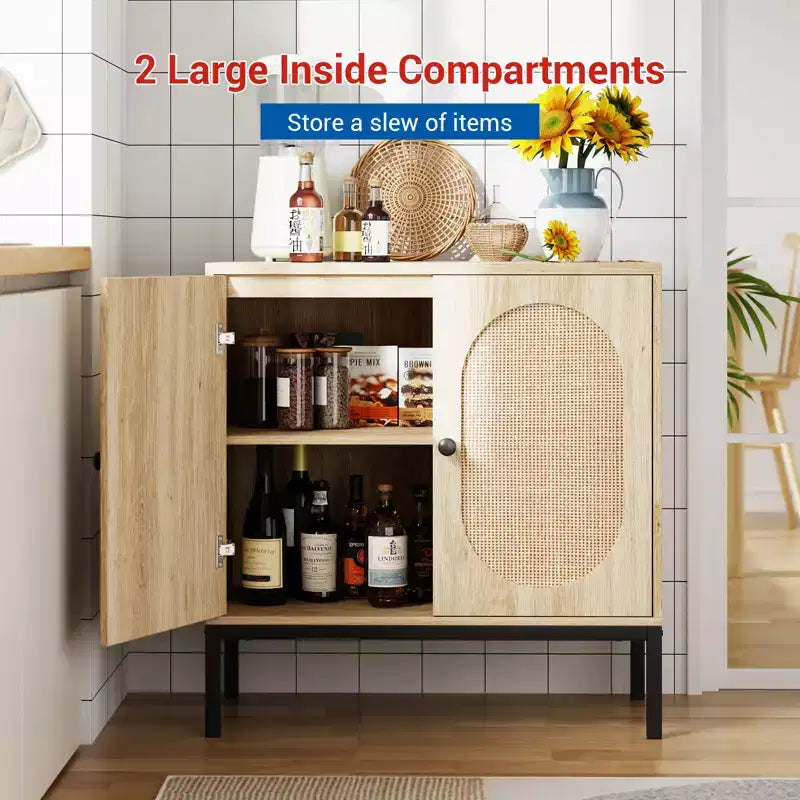Buffet de 80 cm, Armoire de rangement en rotin avec étagères réglables, Buffet de cuisine pour salon, salle à manger, entrée