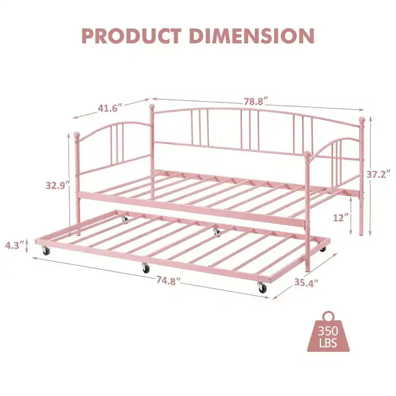 Lit de repos double en métal avec lit gigogne, cadre de lit de repos double avec lit gigogne extractible à 6 roulettes, support à lattes en acier pour canapé-lit d'appoint pour salon, chambre à coucher, appartement.
