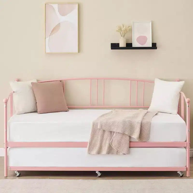 Lit de repos double en métal avec lit gigogne, cadre de lit de repos double avec lit gigogne extractible à 6 roulettes, support à lattes en acier pour canapé-lit d'appoint pour salon, chambre à coucher, appartement.