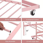 Lit de repos double en métal avec lit gigogne, cadre de lit de repos double avec lit gigogne extractible à 6 roulettes, support à lattes en acier pour canapé-lit d'appoint pour salon, chambre à coucher, appartement.