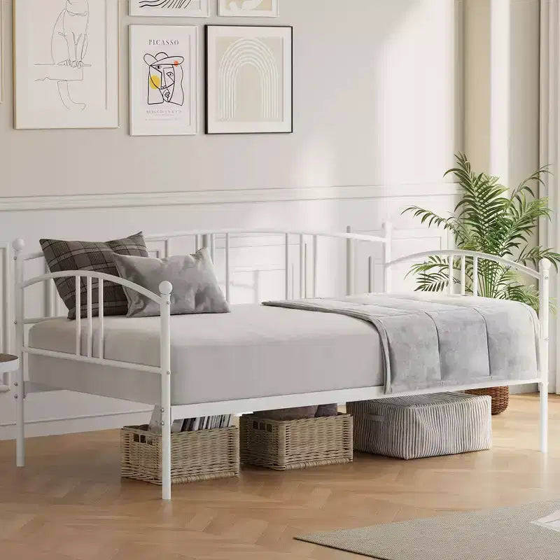 Lit de repos double en métal avec lit gigogne, cadre de lit de repos double avec lit gigogne extractible à 6 roulettes, support à lattes en acier pour canapé-lit d'appoint pour salon, chambre à coucher, appartement.