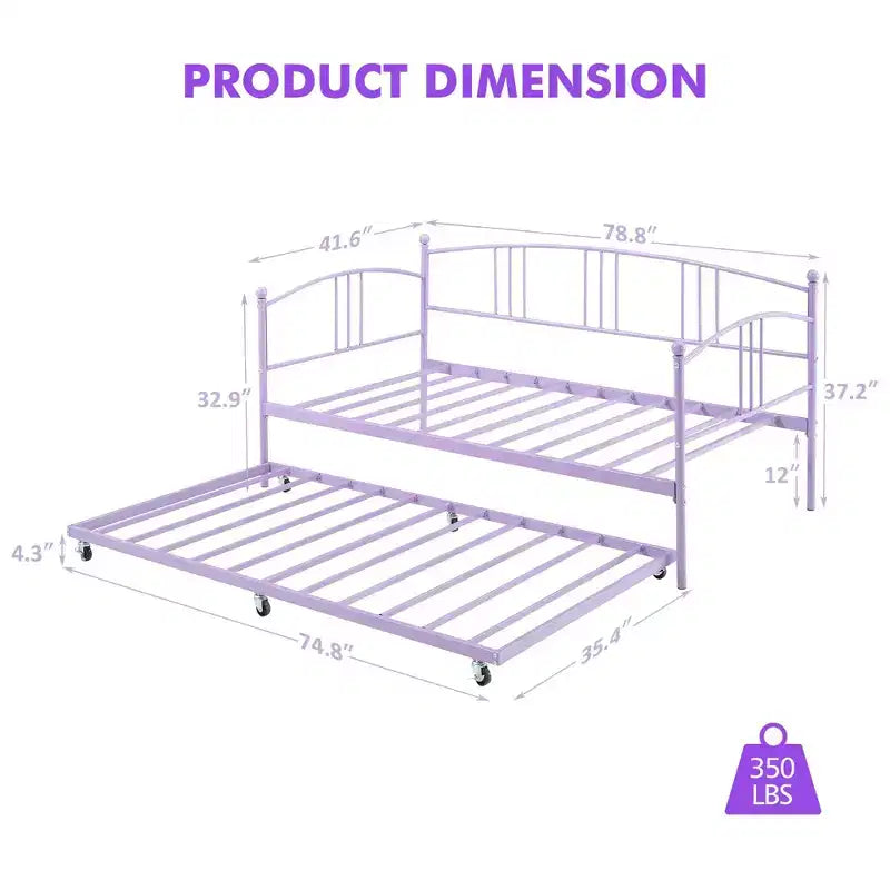 Lit de repos double en métal avec lit gigogne, cadre de lit de repos double avec lit gigogne extractible à 6 roulettes, support à lattes en acier pour canapé-lit d'appoint pour salon, chambre à coucher, appartement.