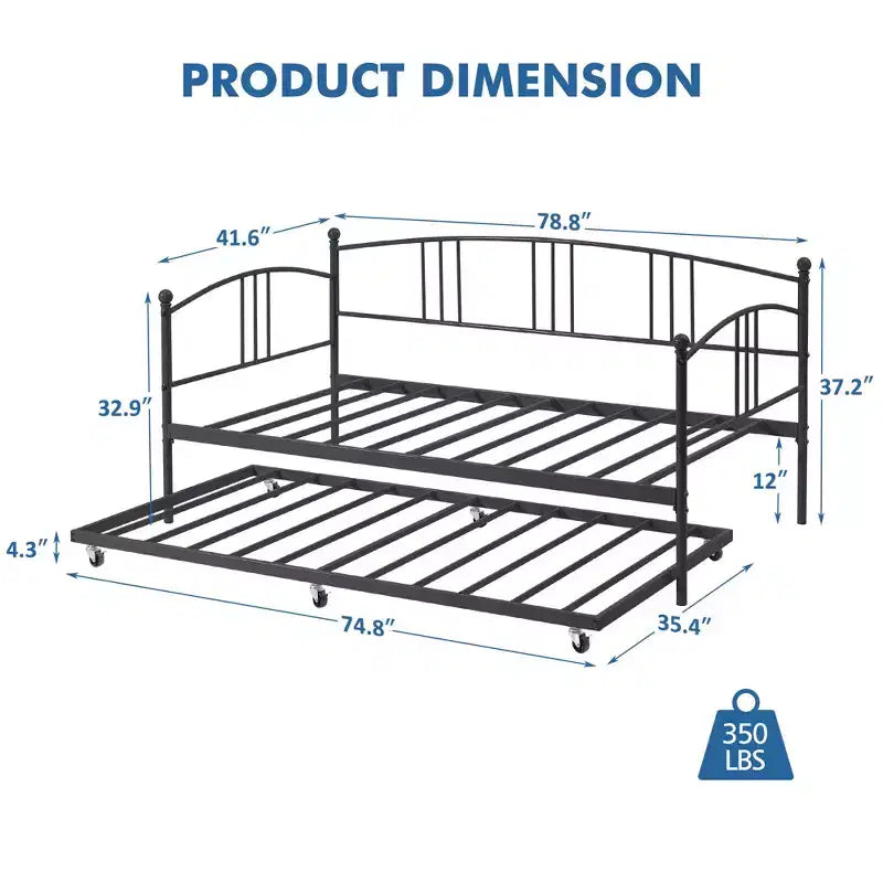 Lit de repos double en métal avec lit gigogne, cadre de lit de repos double avec lit gigogne extractible à 6 roulettes, support à lattes en acier pour canapé-lit d'appoint pour salon, chambre à coucher, appartement.