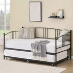 Lit de repos double en métal avec lit gigogne, cadre de lit de repos double avec lit gigogne extractible à 6 roulettes, support à lattes en acier pour canapé-lit d'appoint pour salon, chambre à coucher, appartement.