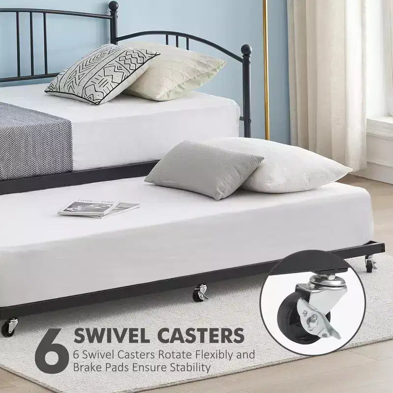 Lit de repos double en métal avec lit gigogne, cadre de lit de repos double avec lit gigogne extractible à 6 roulettes, support à lattes en acier pour canapé-lit d'appoint pour salon, chambre à coucher, appartement.
