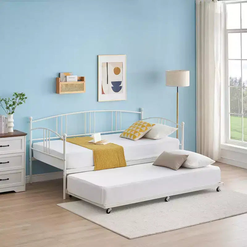 Lit de repos double en métal avec lit gigogne, cadre de lit de repos double avec lit gigogne extractible à 6 roulettes, support à lattes en acier pour canapé-lit d'appoint pour salon, chambre à coucher, appartement.