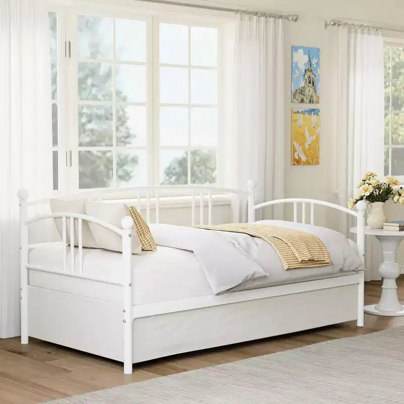Lit de repos double en métal avec lit gigogne, cadre de lit de repos double avec lit gigogne extractible à 6 roulettes, support à lattes en acier pour canapé-lit d'appoint pour salon, chambre à coucher, appartement.