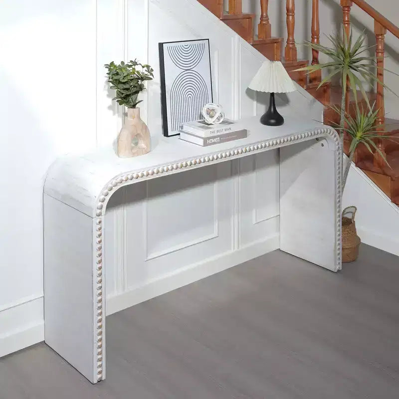 Okak 59IN Table d'entrée cascade avec perles en bois, console au design minimaliste, table d'appoint pour couloir, salon, blanc
