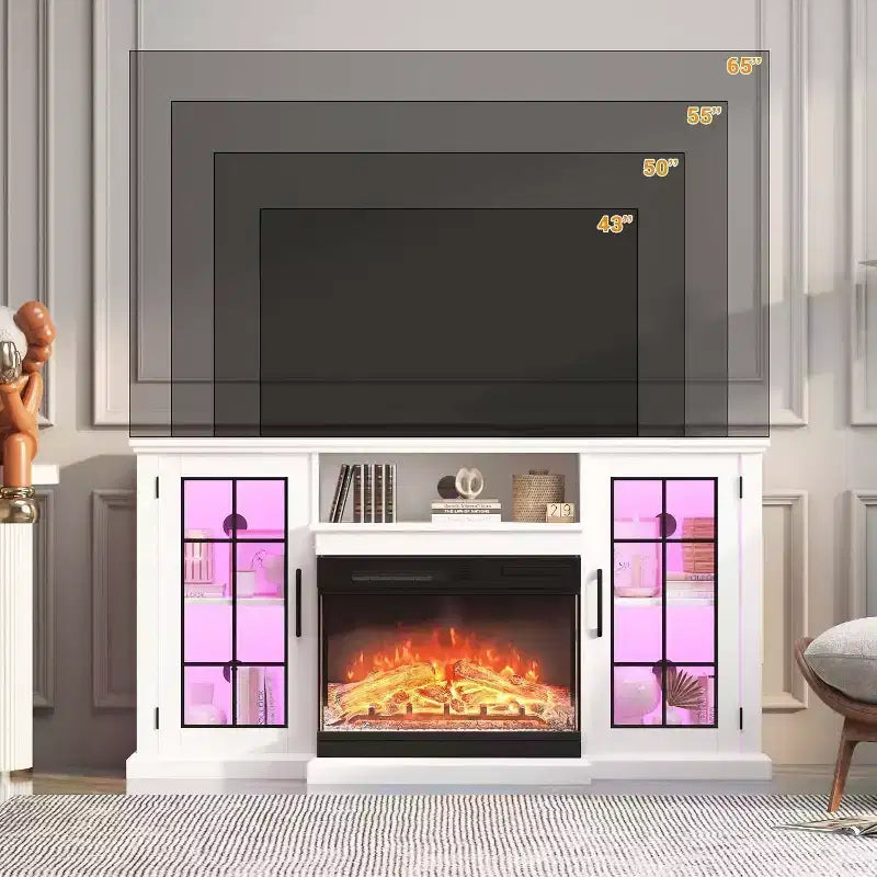 Meuble TV avec cheminée, meuble TV 59'' avec cheminée, foyer électrique, centre de divertissement avec cadre et couleurs de lumière LED, meuble console TV