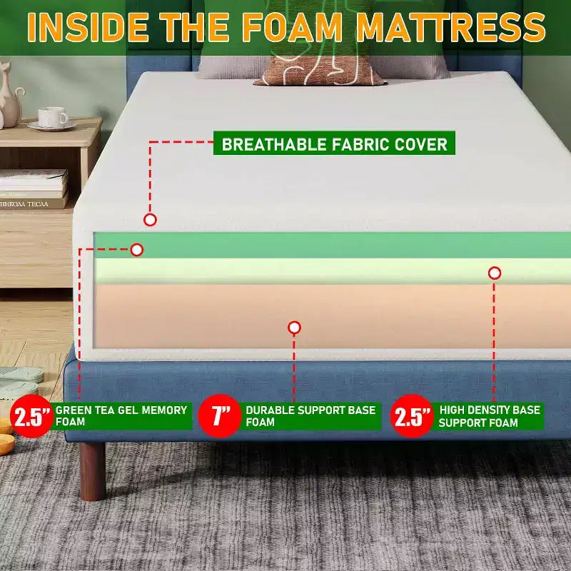 Matelas BestMassage en mousse à mémoire de forme au thé vert, 30,5 cm, gel rafraîchissant, fermeté moyenne