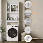 Meuble de rangement pour toilettes avec étagères réglables et porte en verre, design peu encombrant au-dessus des toilettes, finition blanche robuste et imperméable, portes en verre