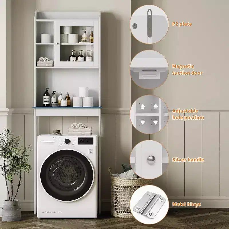 Meuble de rangement pour toilettes avec étagères réglables et porte en verre, design peu encombrant au-dessus des toilettes, finition blanche robuste et imperméable, portes en verre
