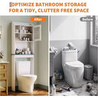 Meuble de rangement pour toilettes avec étagères réglables et porte en verre, design peu encombrant au-dessus des toilettes, finition blanche robuste et imperméable, portes en verre