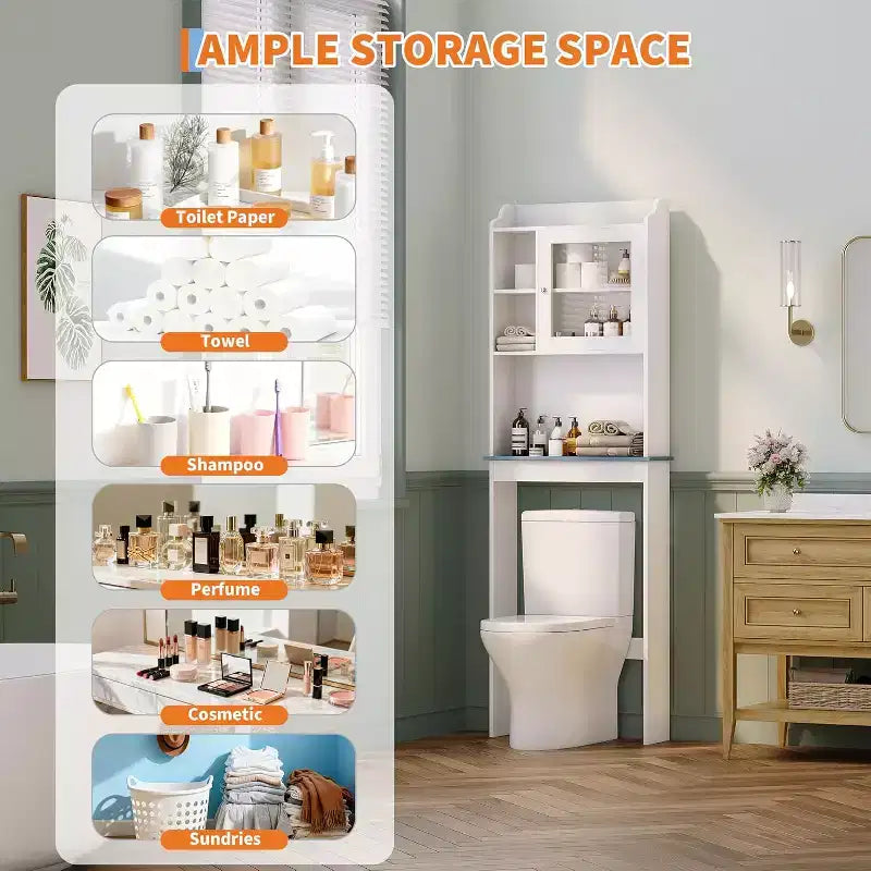 Meuble de rangement pour toilettes avec étagères réglables et porte en verre, design peu encombrant au-dessus des toilettes, finition blanche robuste et imperméable, portes en verre