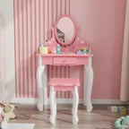 Coiffeuse JOYMOR pour enfants avec miroir à 360°, ensemble table et tabouret de maquillage de princesse 2-en-1 avec tiroirs pour filles (Rose)