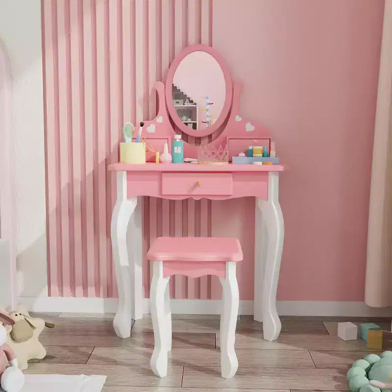Coiffeuse JOYMOR pour enfants avec miroir à 360°, ensemble table et tabouret de maquillage de princesse 2-en-1 avec tiroirs pour filles (Rose)