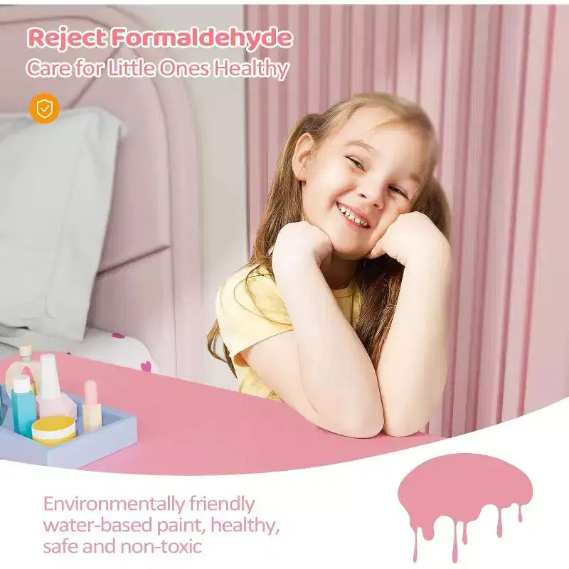 Coiffeuse JOYMOR pour enfants avec miroir à 360°, ensemble table et tabouret de maquillage de princesse 2-en-1 avec tiroirs pour filles (Rose)