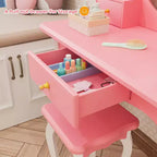 Coiffeuse JOYMOR pour enfants avec miroir à 360°, ensemble table et tabouret de maquillage de princesse 2-en-1 avec tiroirs pour filles (Rose)