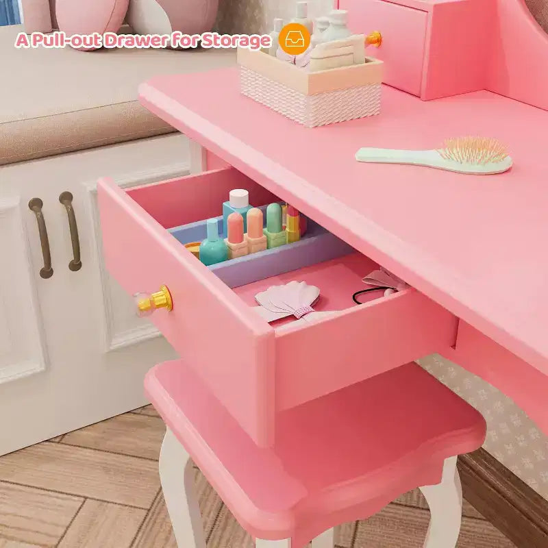 Coiffeuse JOYMOR pour enfants avec miroir à 360°, ensemble table et tabouret de maquillage de princesse 2-en-1 avec tiroirs pour filles (Rose)