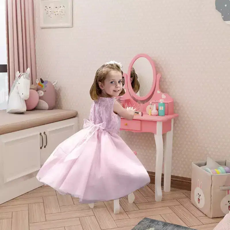 Coiffeuse JOYMOR pour enfants avec miroir à 360°, ensemble table et tabouret de maquillage de princesse 2-en-1 avec tiroirs pour filles (Rose)